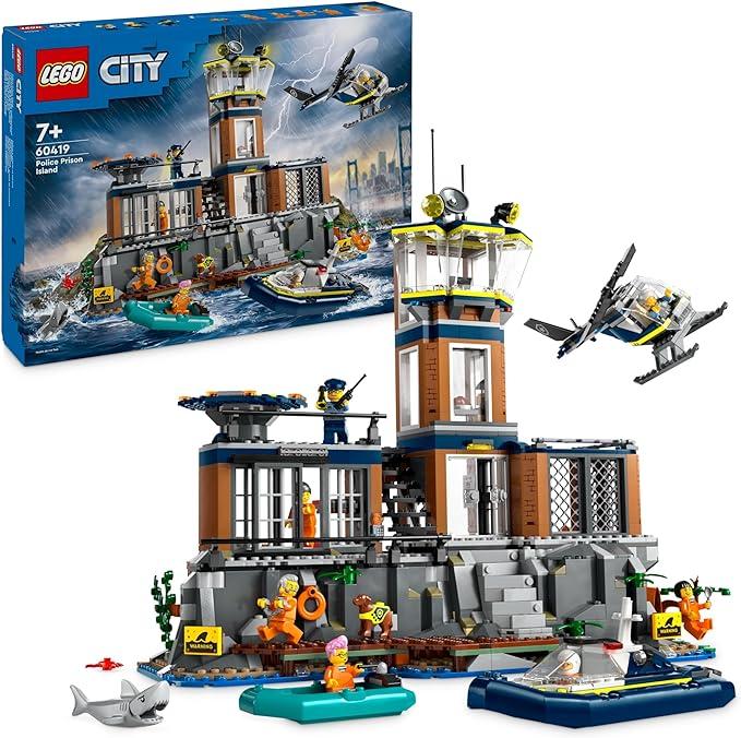foto del prodotto lego city prigione sull isola della polizia, giocattolo ricco di funzioni con elicottero, barca, gommone da costruire, 7