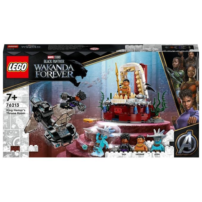 foto del prodotto lego la stanza del trono di re namor include le minifigure di shuri, attuma e di re namor, oltre a un sottomarino costruibile, una sala del trono e accessori