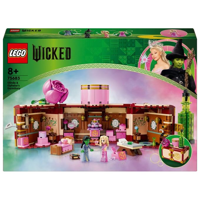 foto del prodotto lego wicked il dormitorio di glinda ed elphaba baule apribile con camera da letto da costruire con 2 personaggi del film