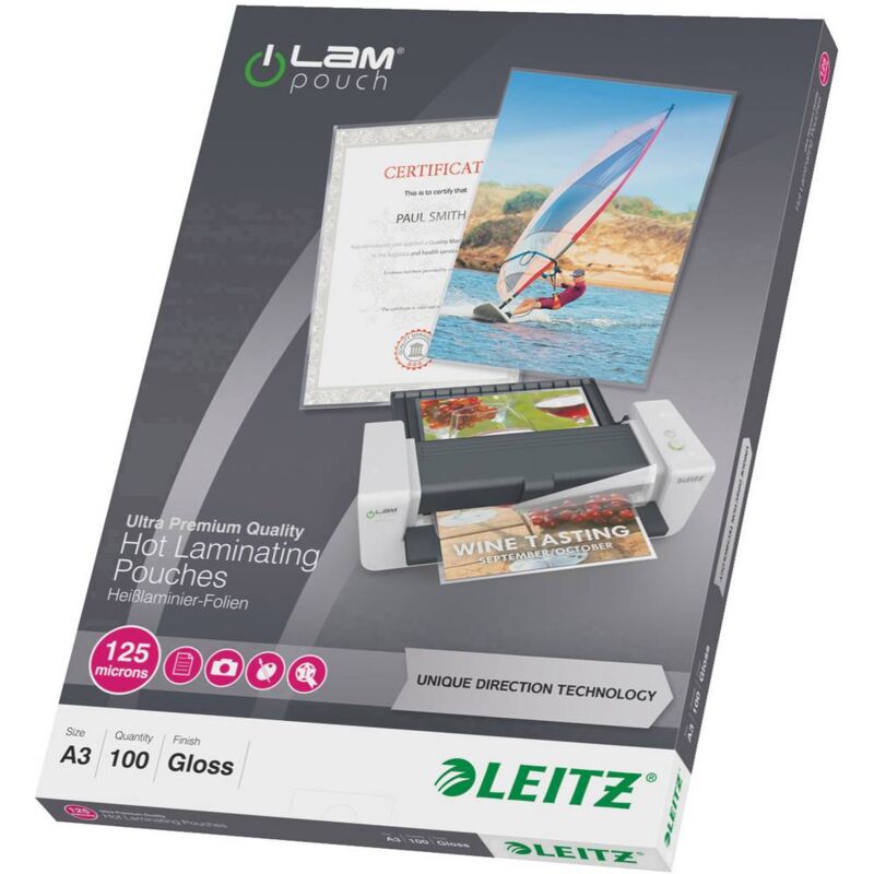 foto del prodotto leitz pellicola per plastificazione din a3 125 micron lucida 100 pz.