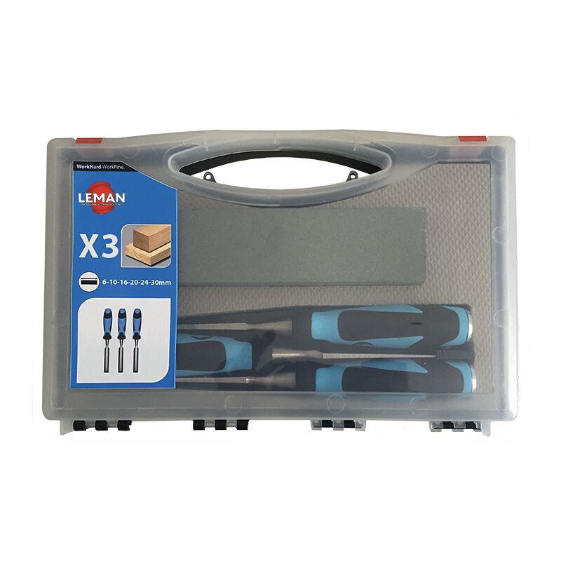 foto del prodotto leman set di 3 scalpelli per legno con impugnatura in bi materiale 1 pietra 780.500.03