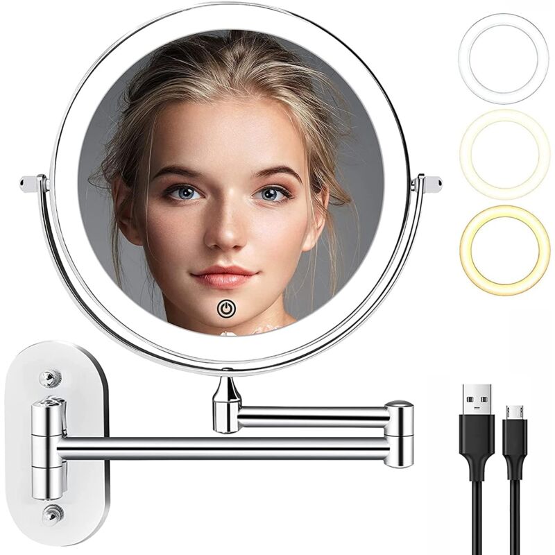 foto del prodotto lente d ingrandimento a led ricaricabile da parete, specchio per il trucco da parete da 8 pollici con 3 luci colorate e ingrandimento 1x 10x,