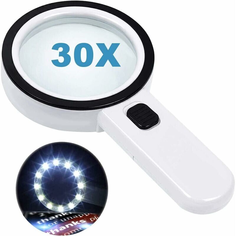 foto del prodotto lente d ingrandimento da lettura con 12 luci led, doppia lente in vetro con ingrandimento 30x. per leggere facilmente monete, francobolli, mappe.