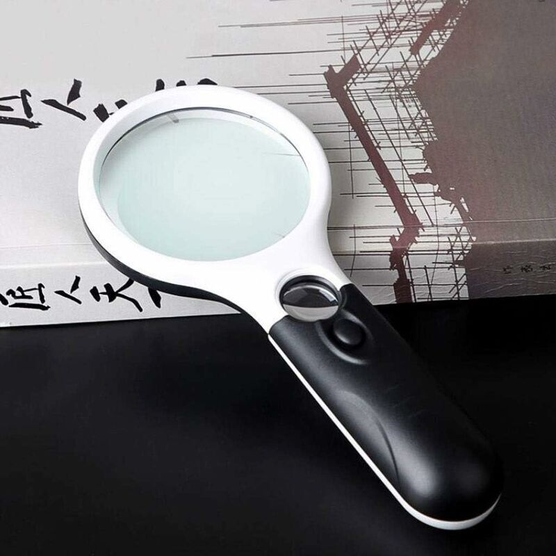 foto del prodotto lente d ingrandimento da lettura lente d ingrandimento con 3 luci led, lente d ingrandimento illuminata 20x 30x portatile