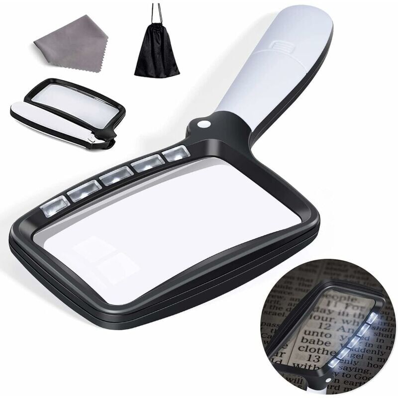 foto del prodotto lente d ingrandimento da lettura rettangolare con 5 luci a led, lente d ingrandimento da lettura di grande formato 3x con led dimmerabile per