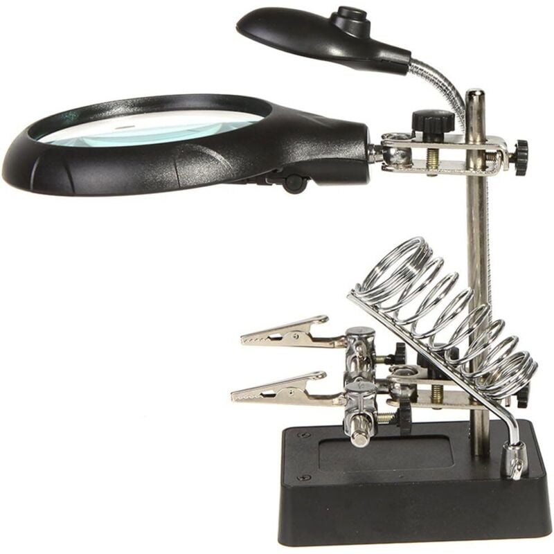 foto del prodotto lente d'ingrandimento da supporto 2,5x 7,5x 10x con luci led, tipo lampada da scrivania, supporto ausiliario, morsetti per supporto e clip a
