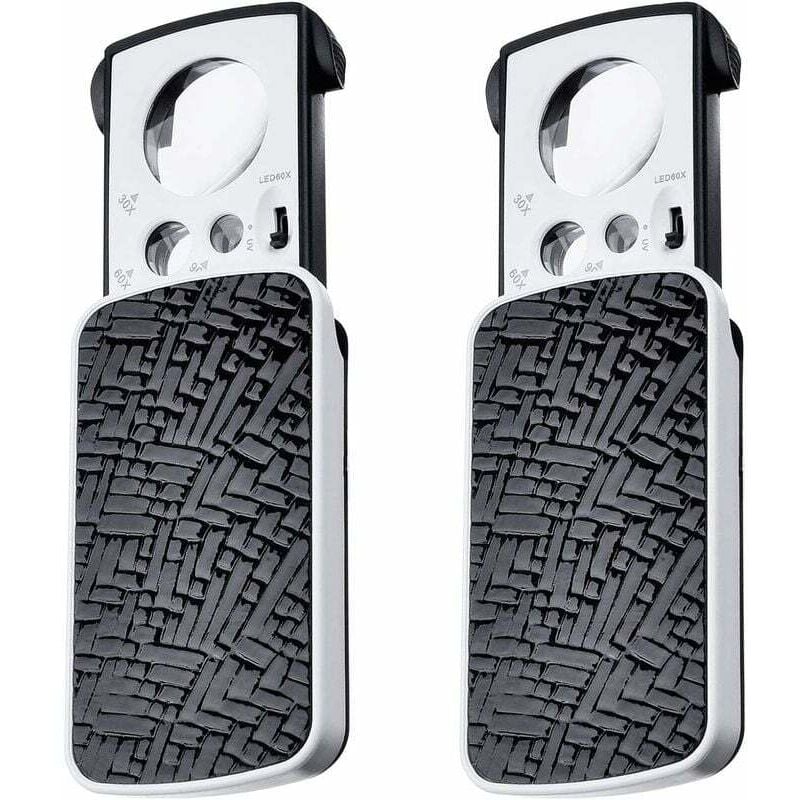 foto del prodotto lente d'ingrandimento tascabile portatile illuminata a led da 2 pezzi, piccola lente d'ingrandimento multi-potenza 30x 60x 90x con luce nera, ideale