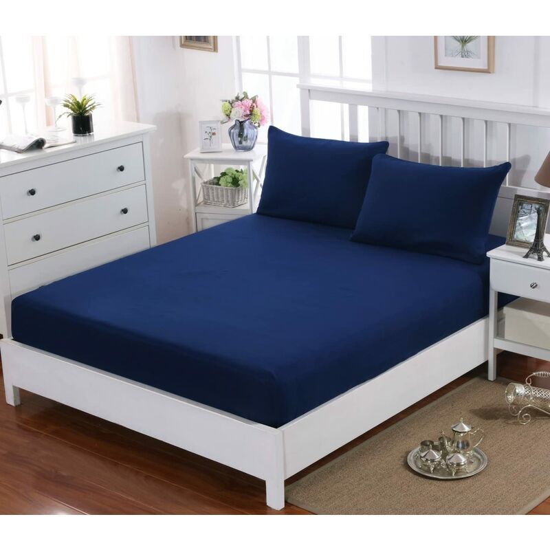 foto del prodotto lenzuolo con angoli 160x200cm con cuffia 30cm blu navy in microfibra