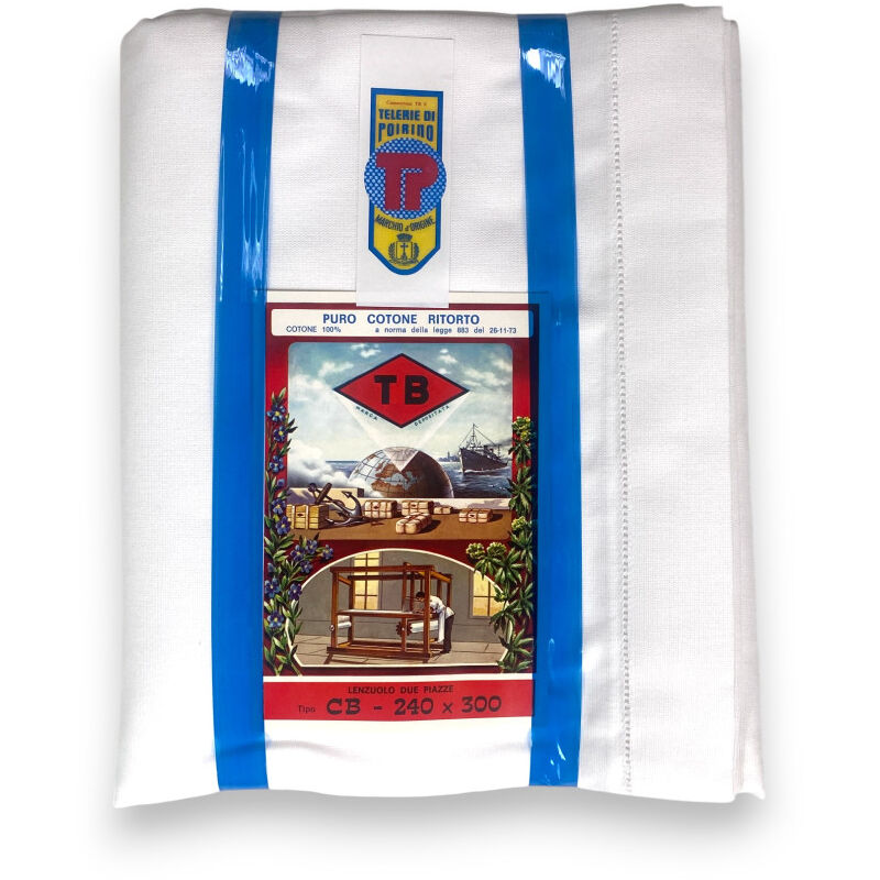 foto del prodotto lenzuolo sopra in cotone ritorto tb poirino, orlo a giorno ricamato, tessuto spesso - 3 misure - made in italy cm. 240x300