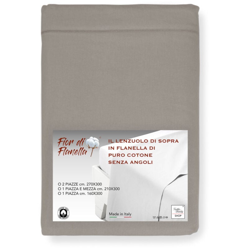 foto del prodotto lenzuolo sopra in flanella senza angoli tortora - puro cotone morbido made in italy per materassi maxi e fuori misura cm. 160x300