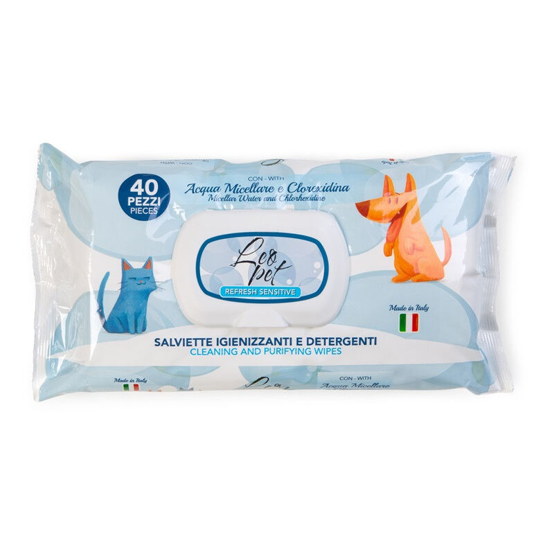 foto del prodotto leopet salviette detergenti per cani e gatti con acqua micellare