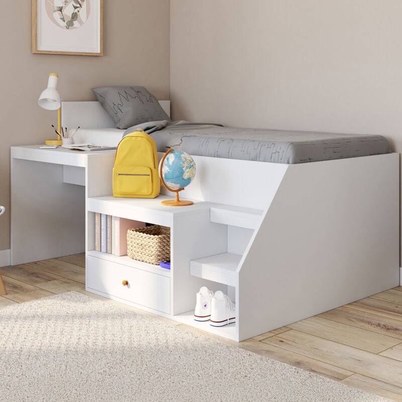 foto del prodotto leopold 90 x 190 cm letto combinato bianco con base, scrivania e contenitore