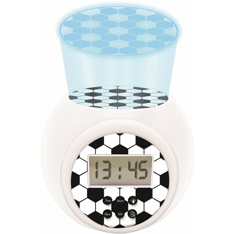 foto del prodotto les tendances lexibook, sveglia con proiettore calcio con funzione snooze , luce notturna con timer, schermo lcd, a batteria, bianco nero, rl977fo