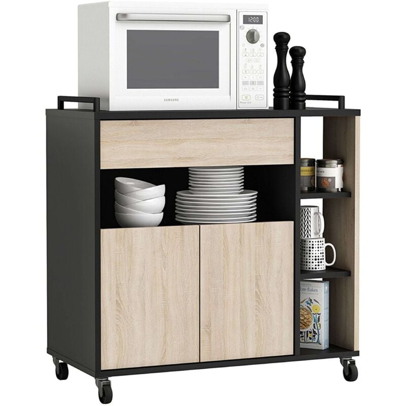 foto del prodotto les tendances mobiletto ausiliario per cucina a microonde con ruote rovere e nero 79x79x40 cm
