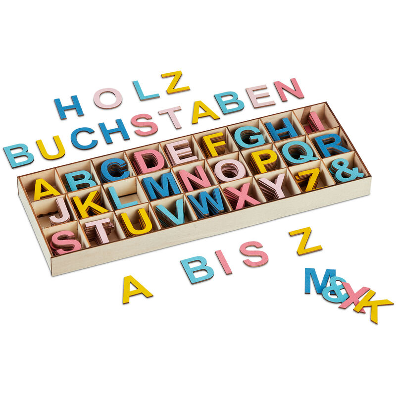 foto del prodotto lettere in legno, set 324 letterine maiuscole da a z ed commerciale, bricolage e lavoretti, 3 cm, colorato relaxdays