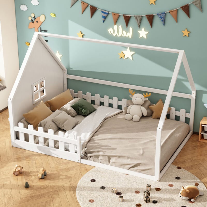 foto del prodotto letti a casetta 140x200 cm letti matrimoniale per bambini, rete a doghe, pino, senza materasso, bianco