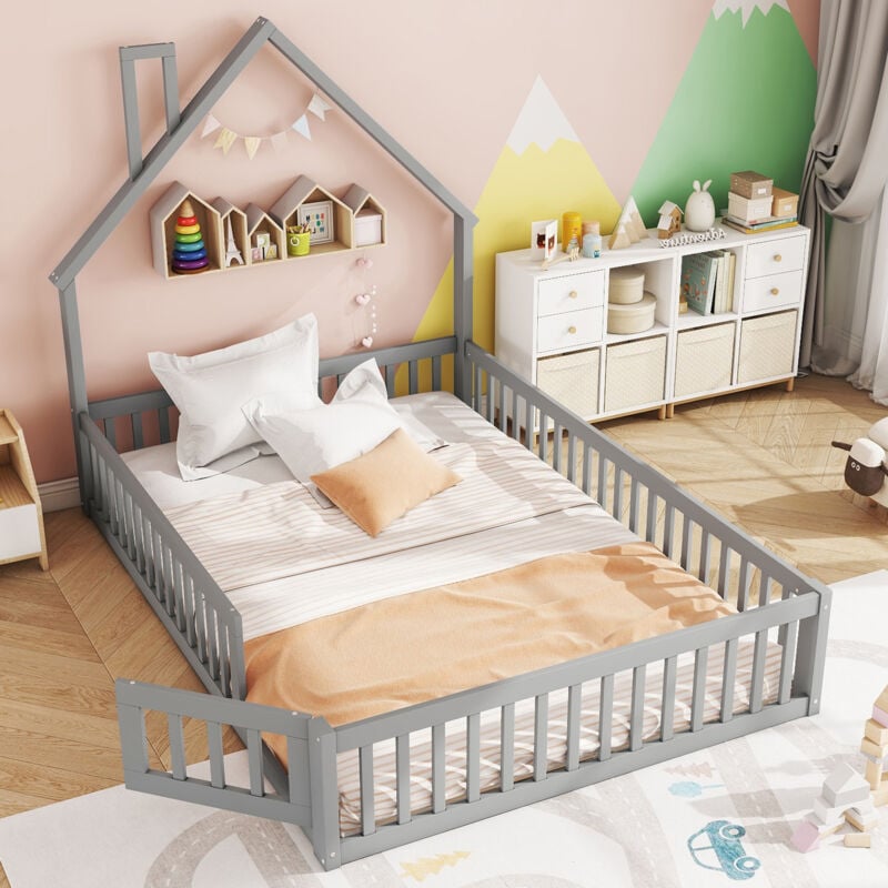 foto del prodotto letti a casetta 140x200cm letti matrimoniale per bambini, rete a doghe, pino, senza materasso, grigio