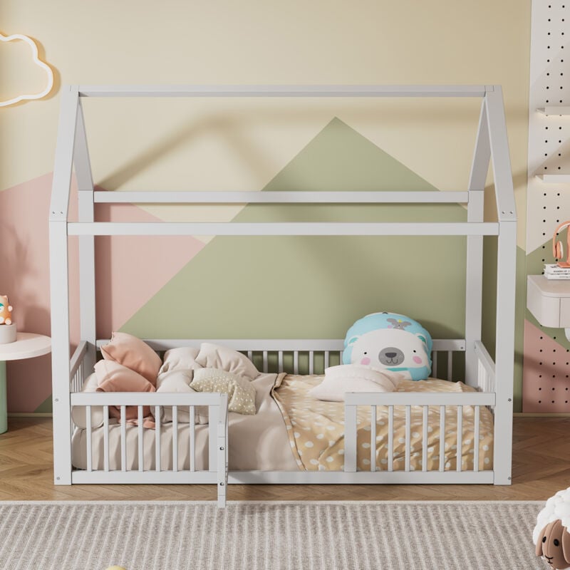 foto del prodotto letti a casetta 90x200 cm, letti a casetta per bambini, struttura in legno con rete a doghe e porta, bianco, senza materasso