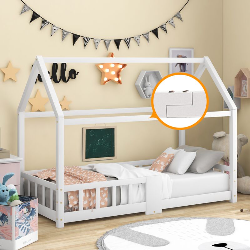 foto del prodotto letti a casetta 90x200cm, letti per bambini casa con recinto, rete a doghe, bianco, legno, senza materasso