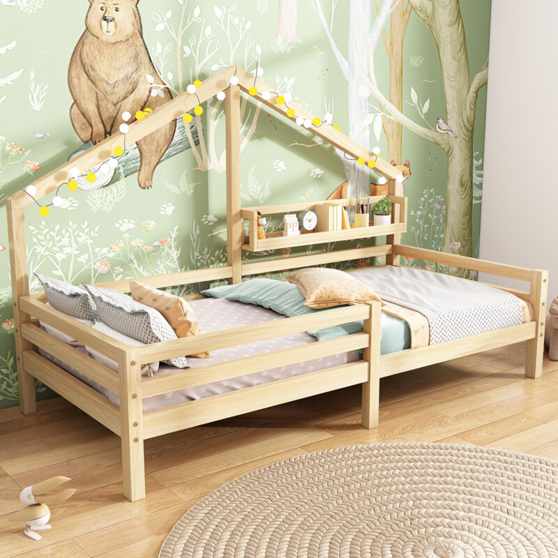 foto del prodotto letti a casetta 90x200cm letti singoli per bambini, rete a doghe, pino, senza materasso, colore naturale