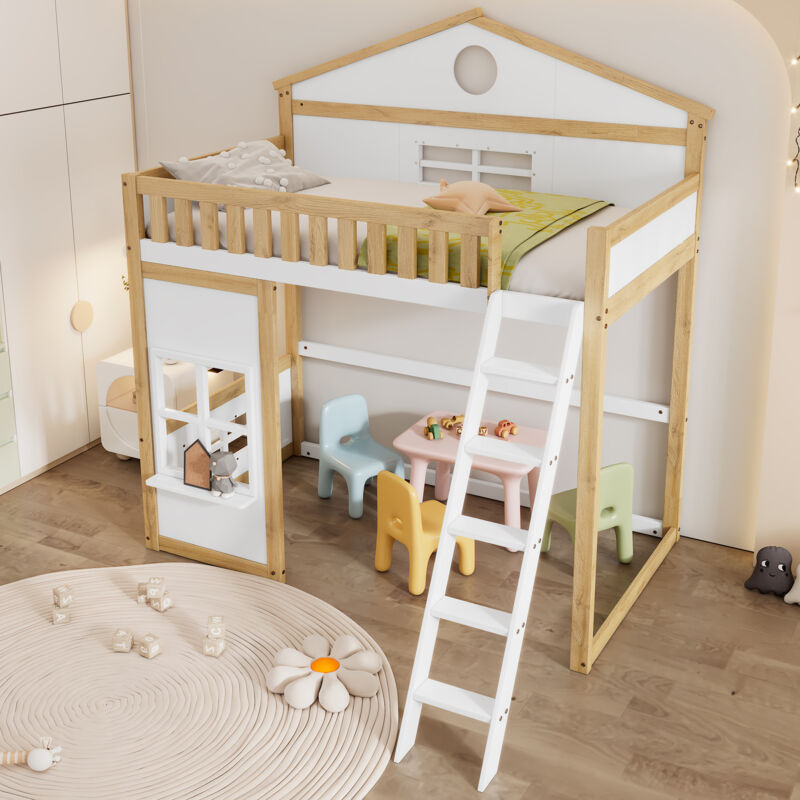 foto del prodotto letti a casetta letto a soppalco 90x200 cm, letto per bambini, protezione anticaduta, pino mdf, bianco naturale