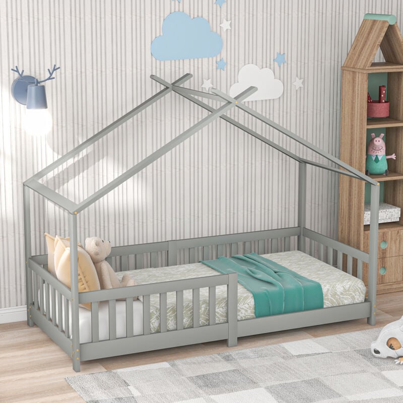 foto del prodotto letti a casetta per bambini 90 x 200 cm con rete e doghe, con protezione anticaduta, grigio, senza materasso