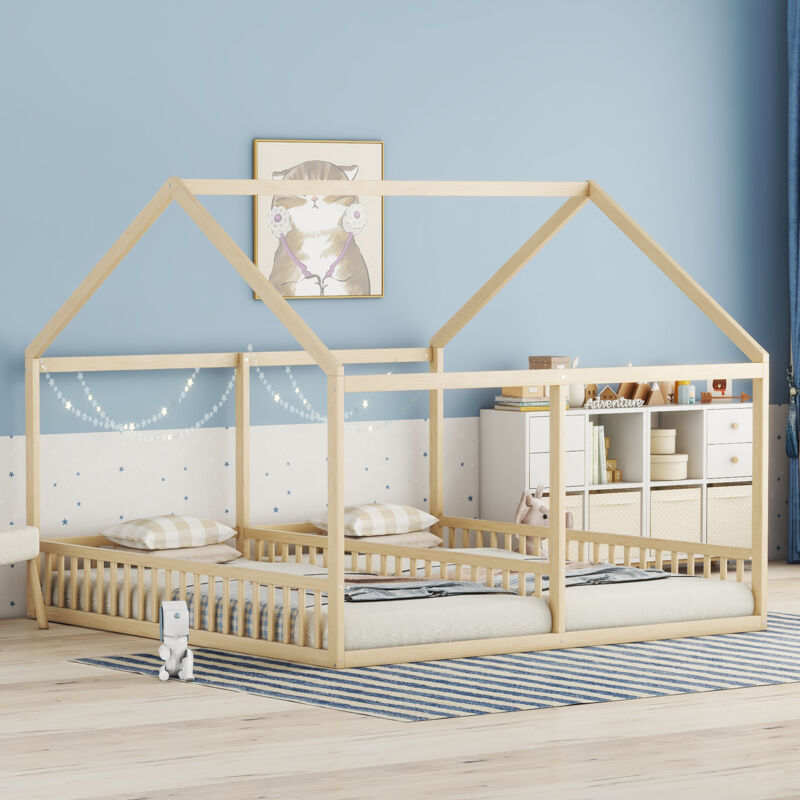 foto del prodotto letti a casetta per bambini 90x200cm 2 letti, pino, senza materasso, colore naturale