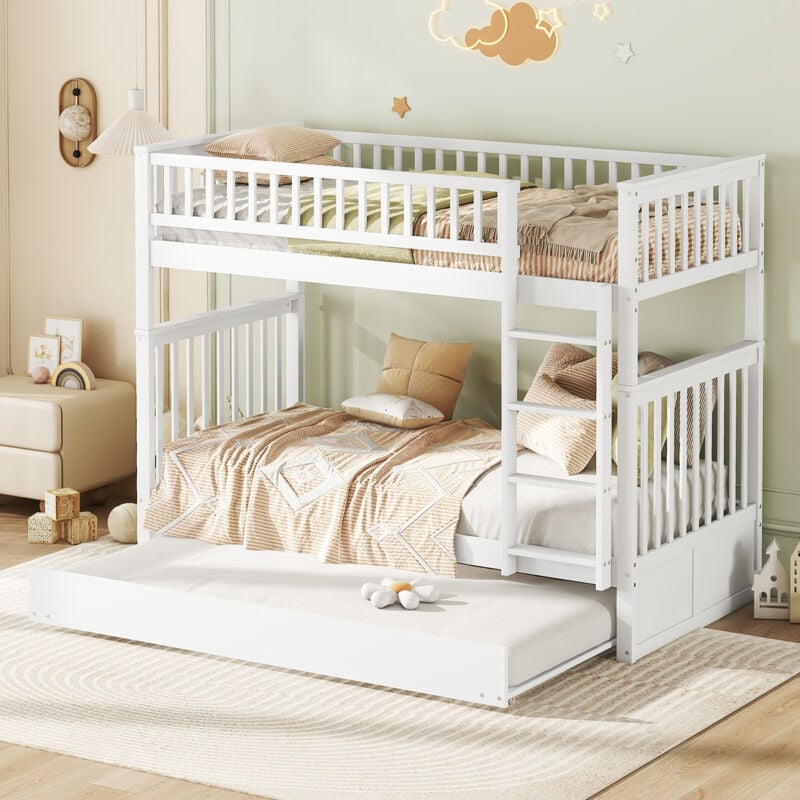 foto del prodotto letti a castello 90 x 200 cm, letti per bambini, letti tripli, letti a castello con rotelle, ringhiere alte, scala stabile, bianco