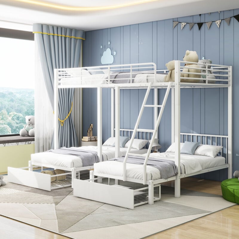 foto del prodotto letti a castello, letti per bambini con cassetti, trasformabile in letti matrimoniale 140 x 200 cm e 2 letti singoli 90 x 200 cm, bianco