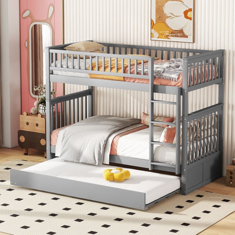 foto del prodotto letti a castello, lettini per bambini, letti tripli, letti a castello con rotelle, ringhiere alte, scale stabili, grigio, 90 x 200 cm