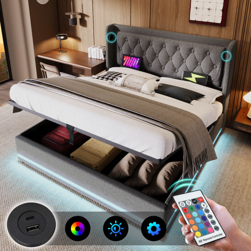 foto del prodotto letti a contenitore imbottito, letti idraulico per adulti, usb tipo c, led, cotone, 180 x 200 cm letti matrimoniale, grigio, senza materasso