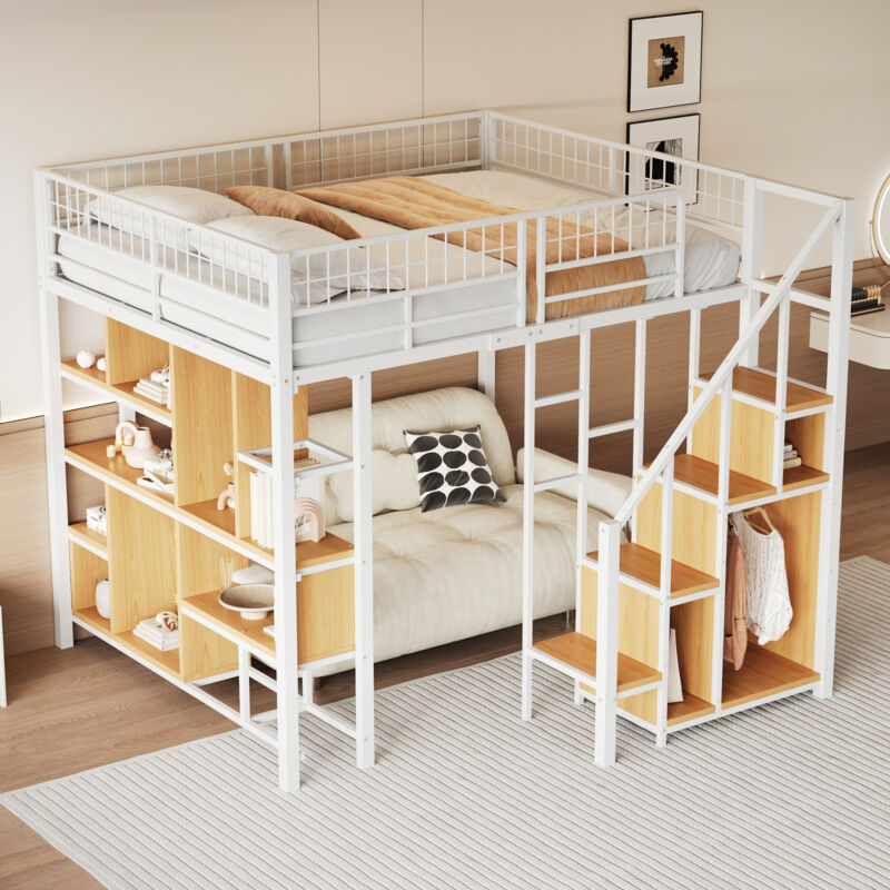 foto del prodotto letti a soppalco 140 x 200 cm, letti in metallo, con ripiani di stoccaggio, armadio, letti per bambini adulti adolescenti, senza materasso, bianco