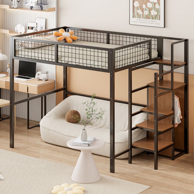 foto del prodotto letti a soppalco 140x200cm letti per bambini, letti singolo con armadio, tanto spazio di archiviazione, metallo, senza materasso, nero