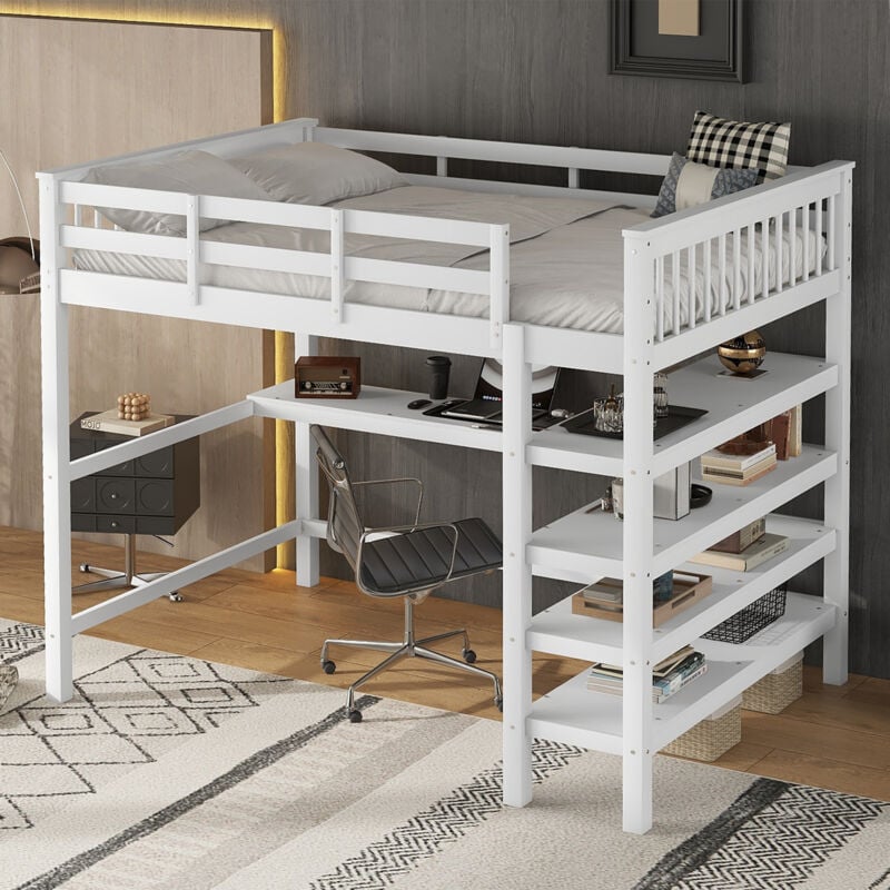 foto del prodotto letti a soppalco 140x200cm letti singolo per bambini con scrivania e ripiano portaoggetti, senza materasso, legno, bianco modfu