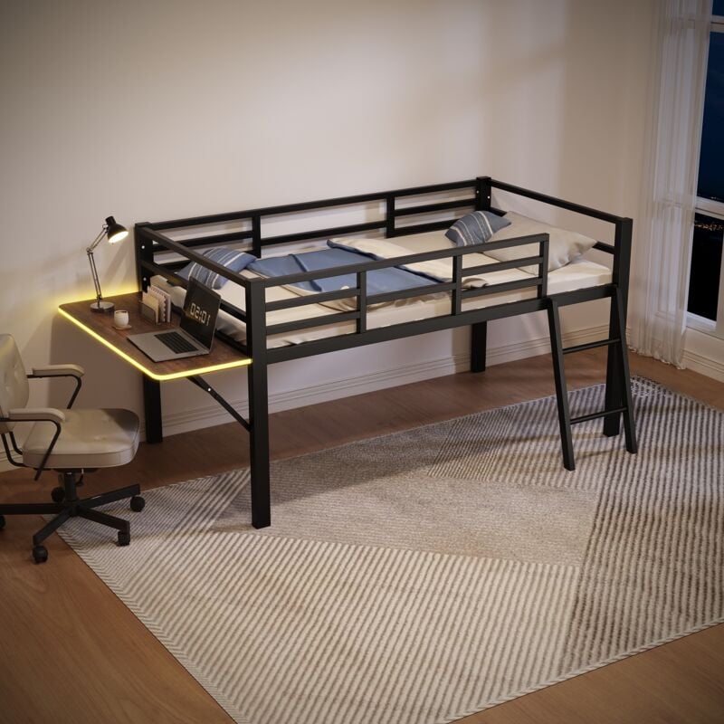 foto del prodotto letti a soppalco 90 x 200 cm, lettino per bambini, striscia luminosa a led, scrivania laterale pieghevole accanto al letti, metallo, senza materasso,