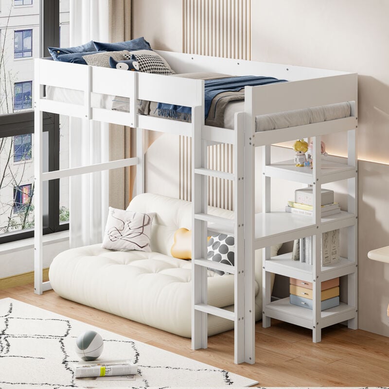foto del prodotto letti a soppalco 90 x 200 cm, letto per bambini, contenitore a scala, in legno, con rete a doghe, letto per ragazzi, bianco