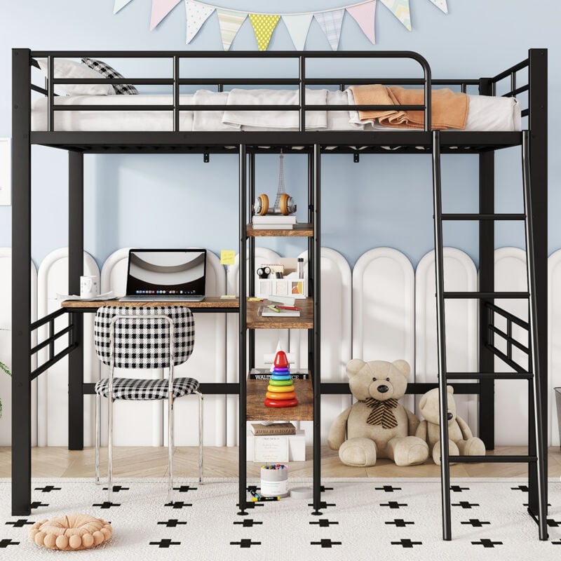foto del prodotto letti a soppalco 90x200 cm, lettino per bambini in ferro, scrivania sotto il letti, ripiano portaoggetti, balaustra, senza materasso, nero