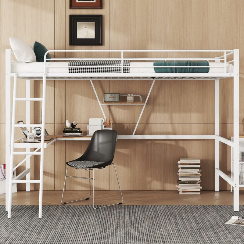 foto del prodotto letti a soppalco 90x200 cm, letto per bambini con 1 scrivania e libreria a l e contenitore, metallo, bianco