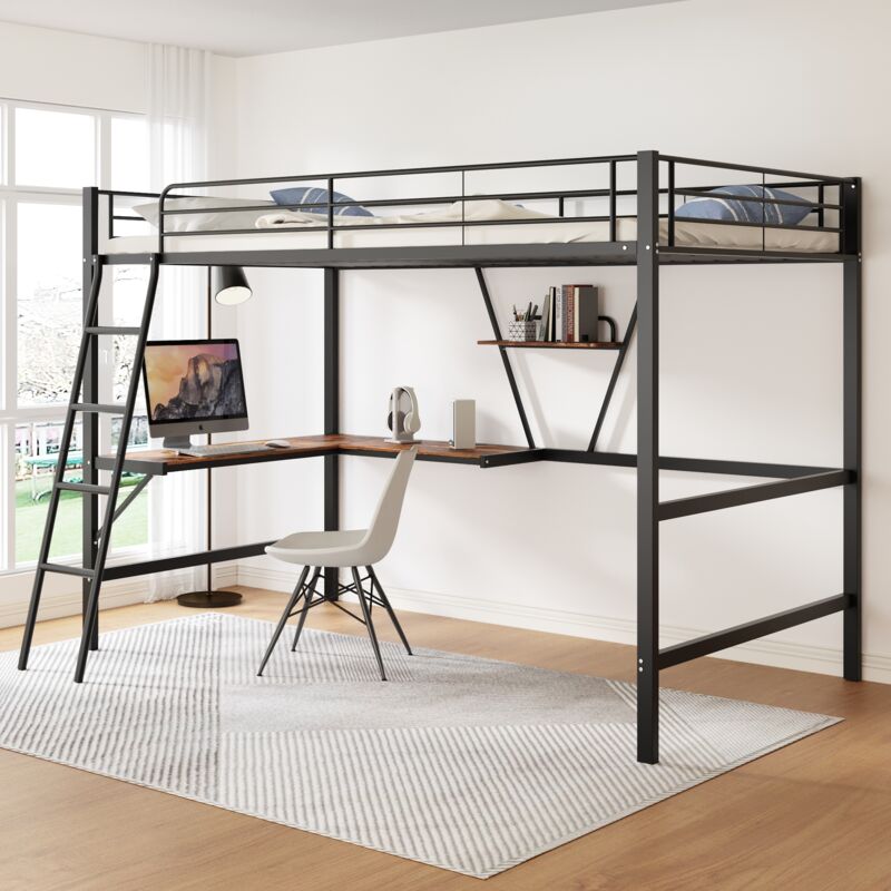 foto del prodotto letti a soppalco 90x200 cm, letto per bambini con 1 scrivania e libreria a l e contenitore, metallo, nero