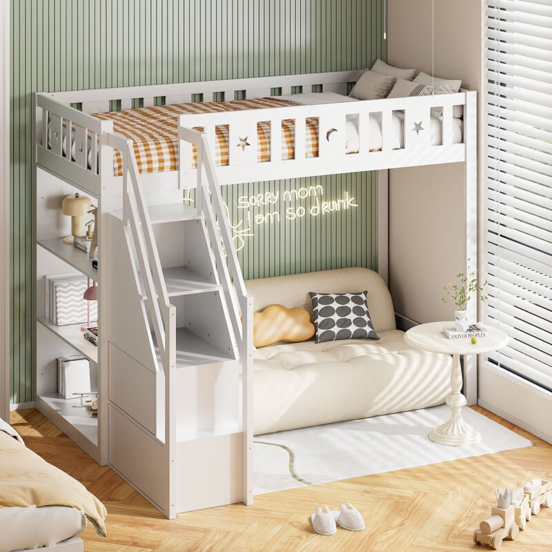 foto del prodotto letti a soppalco 90x200 cm, letto per bambini, scala contenitore, ripiani portaoggetti, struttura in legno, anticaduta, bianco