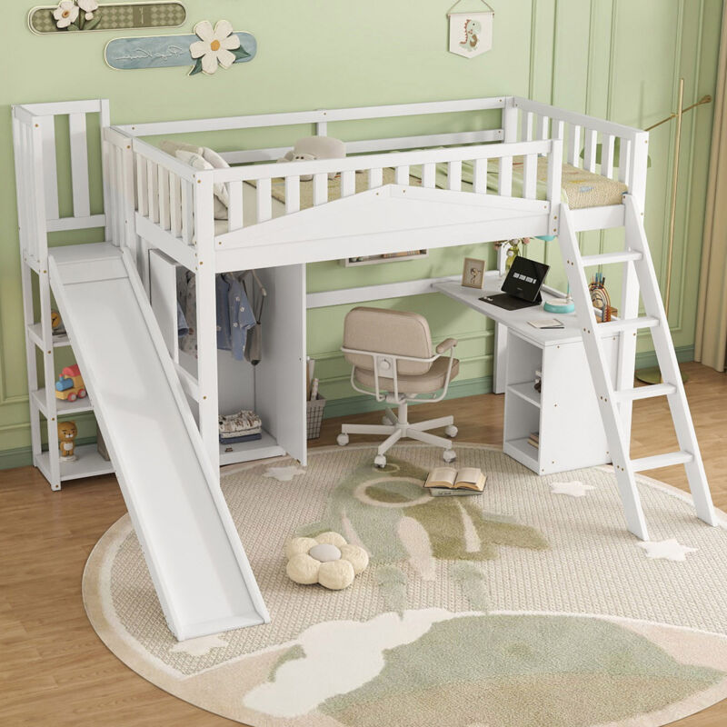 foto del prodotto letti a soppalco 90x200cm con scivolo, letti singoli per bambini con armadio e scrivania, pino e mdf, senza materasso, bianco modfu