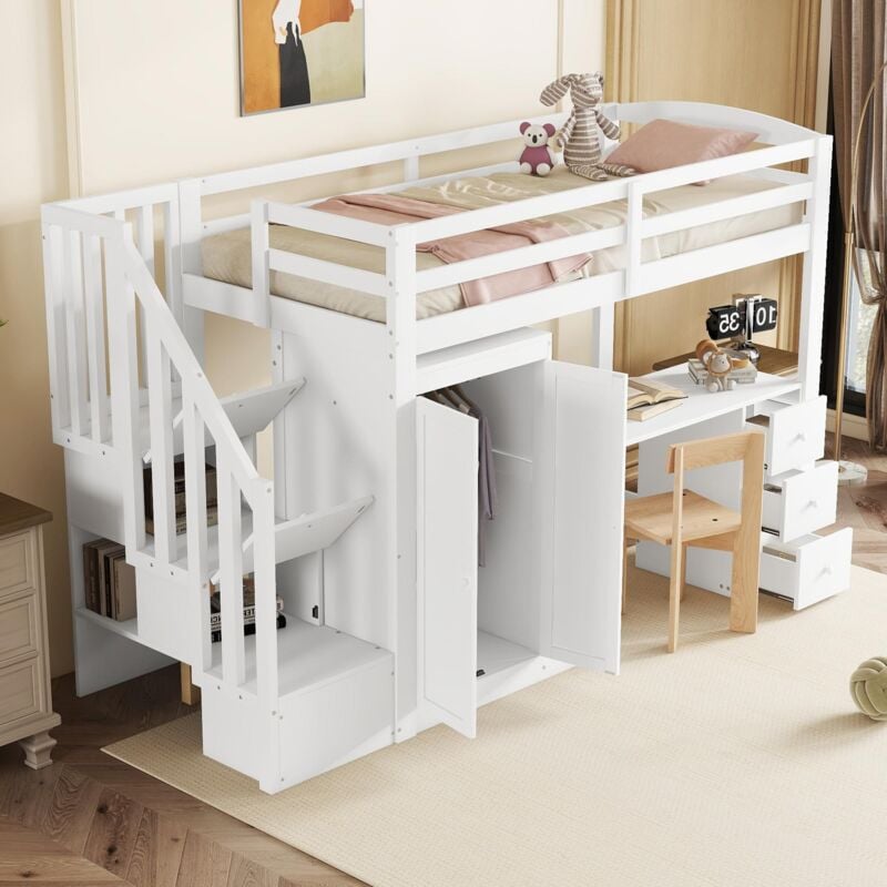 foto del prodotto letti a soppalco 90x200cm con scrivania e 3 cassetti, letti singoli per adulti bambini con armadio e vani portaoggetti, legno, senza materasso,