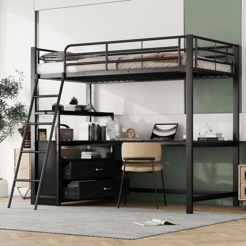 foto del prodotto letti a soppalco 90x200cm letti singoli per adulti bambini, 2 cassetti, con scrivania e ripiani, metallo e mdf, senza materasso, nero