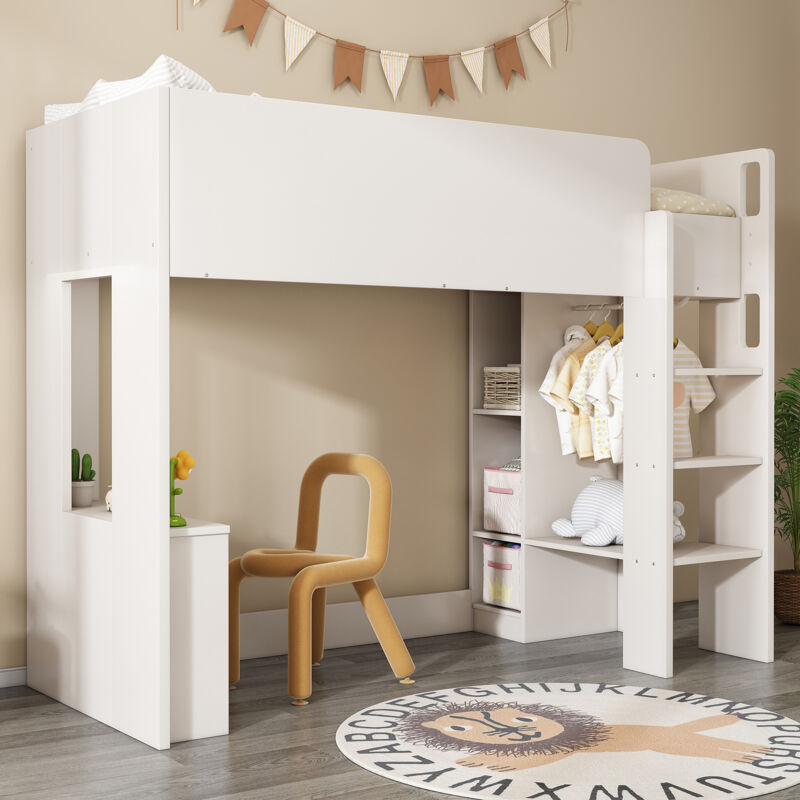 foto del prodotto letti a soppalco 90x200cm letti singoli per adulti bambini, armadi a giorno e vani contenitore, pannello truciolare, senza materasso, bianco