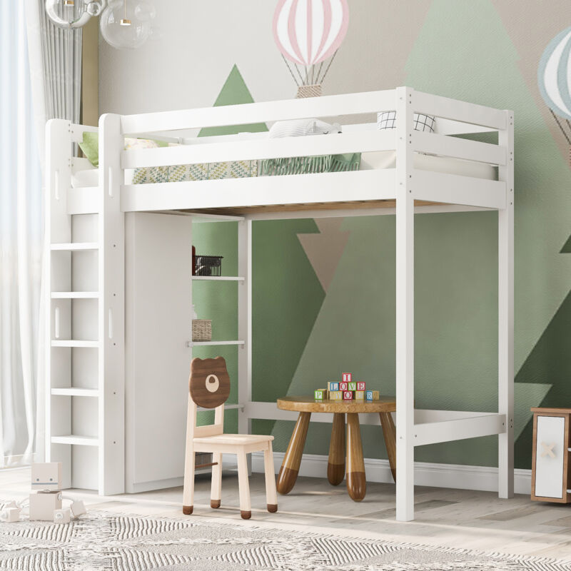 foto del prodotto letti a soppalco 90x200cm letti singoli per adulti bambini con ripiani e armadio, truciolare, senza materasso, bianco