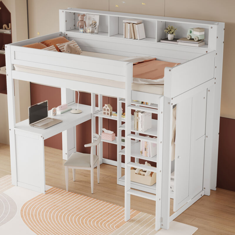 foto del prodotto letti a soppalco 90x200cm letti singoli per adulti bambini con scrivania, armadio e ripiano, mdf pino compensato, senza materasso, bianco