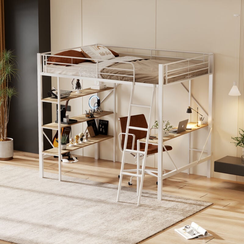 foto del prodotto letti a soppalco 90x200cm letti singoli per adulti bambini con scrivania e 3 ripiani, metallo e mdf, senza materasso, bianco