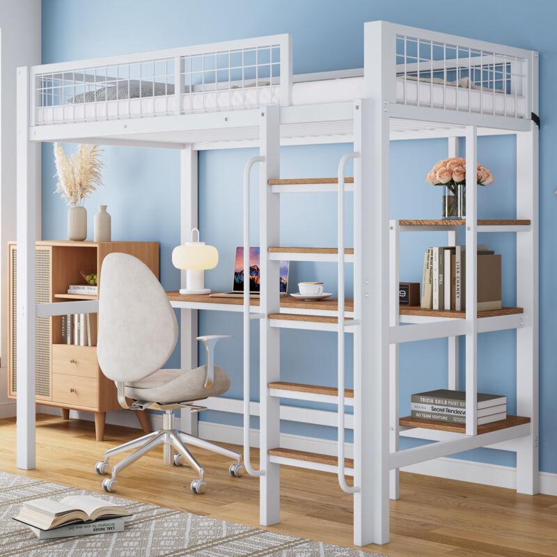 foto del prodotto letti a soppalco 90x200cm letti singoli per adulti bambini, con scrivania e ripiano, metallo mdf, senza materasso, bianco naturale