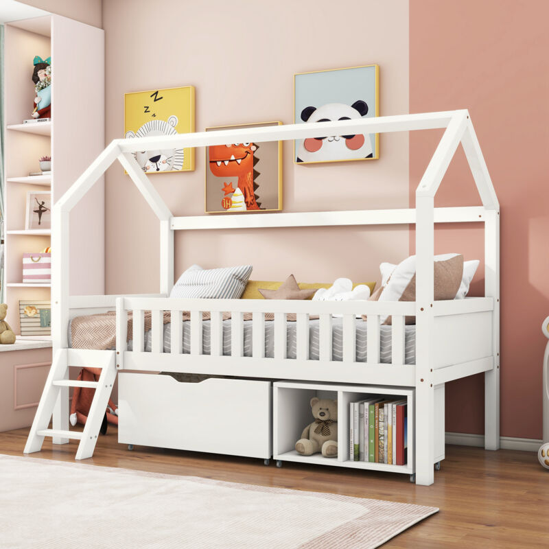 foto del prodotto letti a soppalco 90x200cm letti singoli per bambini con cassetti e vani contenitore, forma casa, legno, senza materasso, bianco