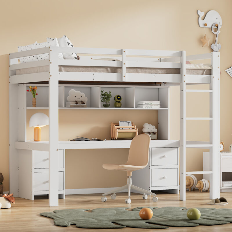 immagine 0 del prodotto letti a soppalco 90x200cm letti singoli per bambini con scrivania e 4 cassetti, ripiani portaoggetti, legno, senza materasso, bianco modfu